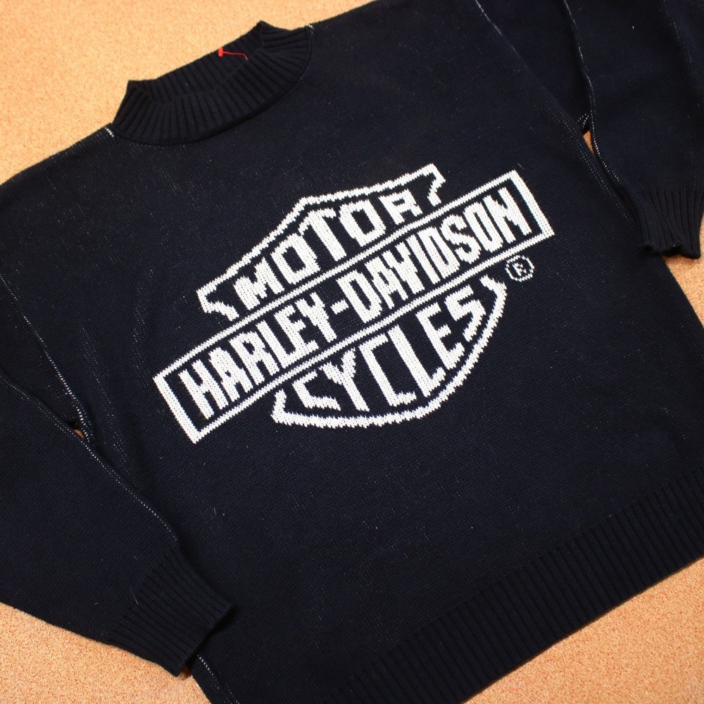 Vintage Harley Davidson Sweater Sz L USA Made Knit Bar & Shield Logo Black White